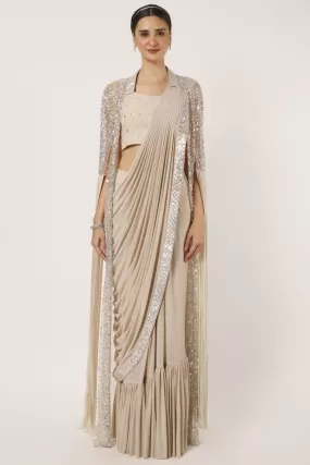 90Z929-RO Beige Darpe Saree With Statement Sleeved Cape