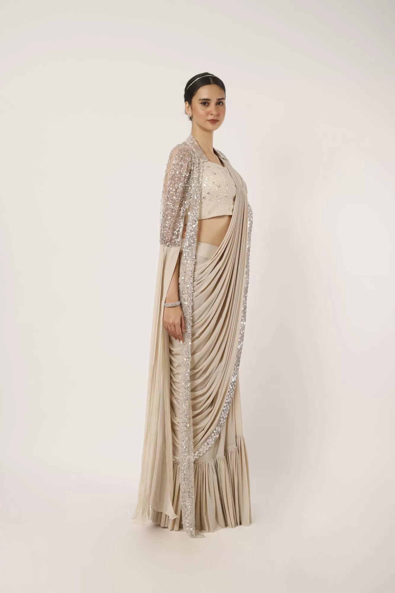 90Z929-RO Beige Darpe Saree With Statement Sleeved Cape