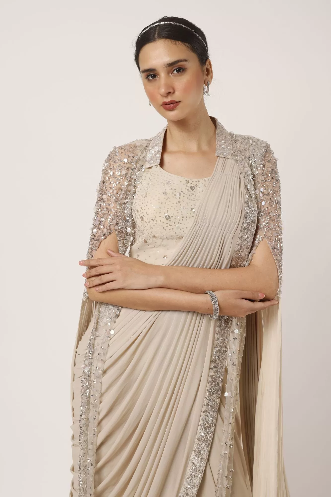 90Z929-RO Beige Darpe Saree With Statement Sleeved Cape