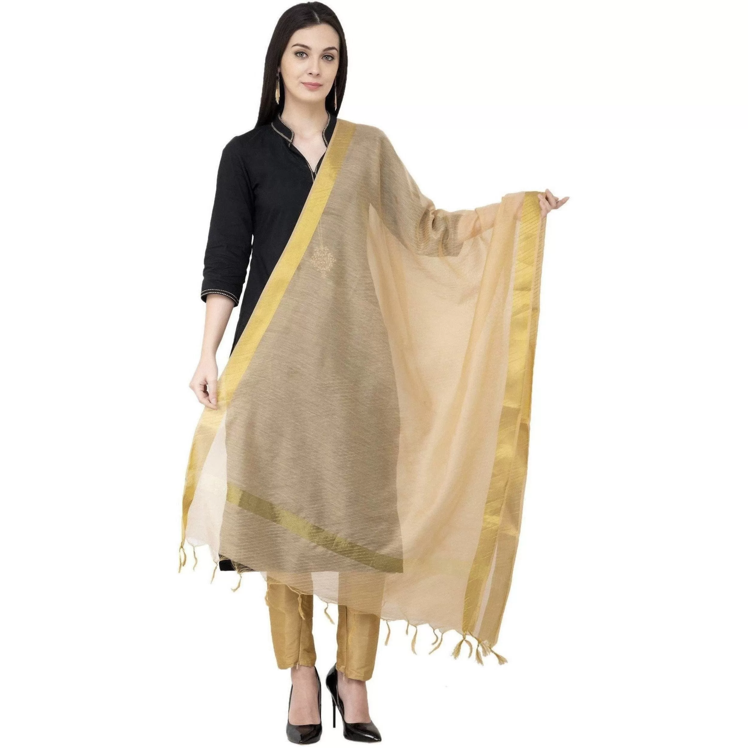 A R Silk Chanderi Chhoda Patta Regular Dupatta Golden Color Dupatta