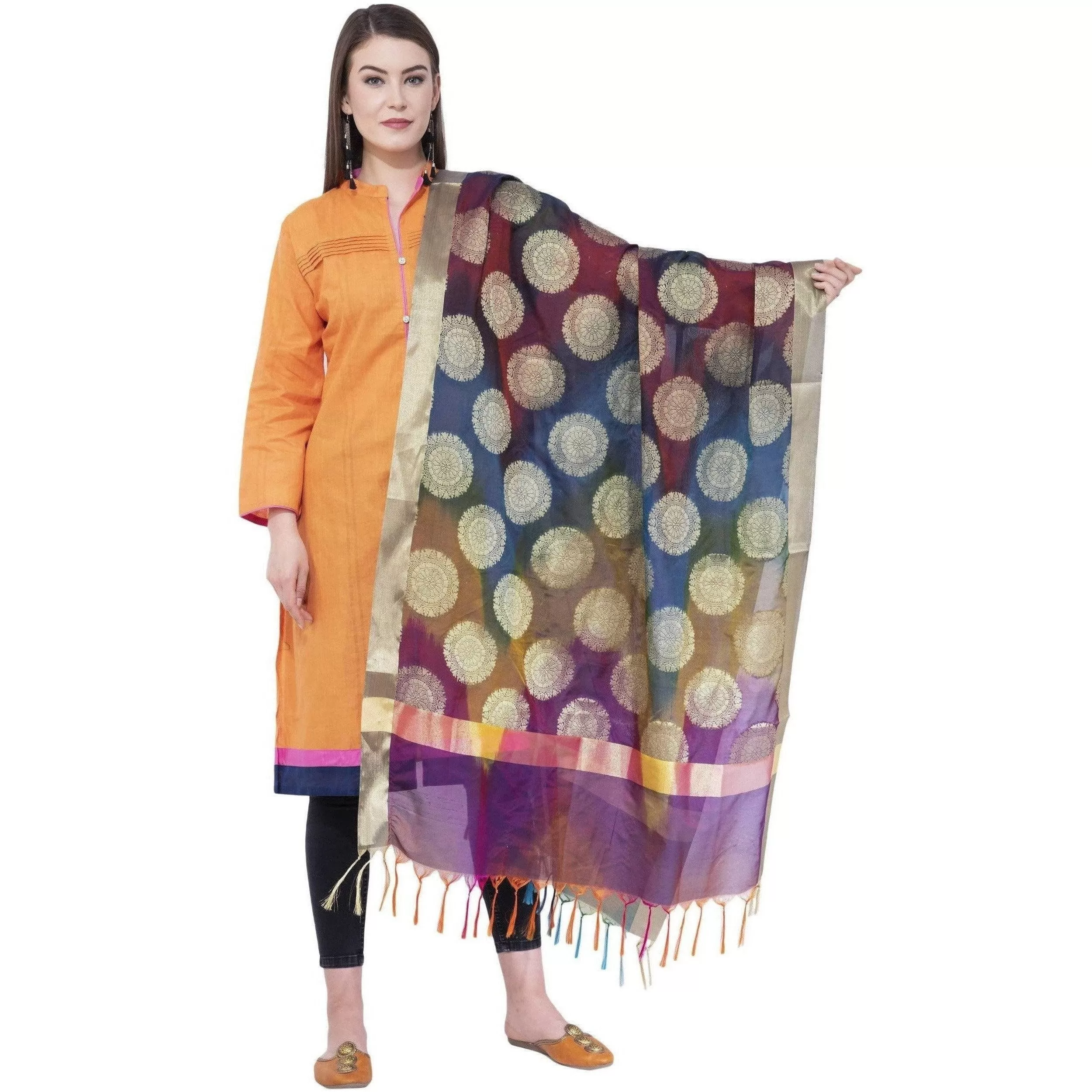 A R Silk Women's Zari Embroidery With Rainbow Colour Vanarsi Silk Rainbow Multi Dupattas and Chunnis