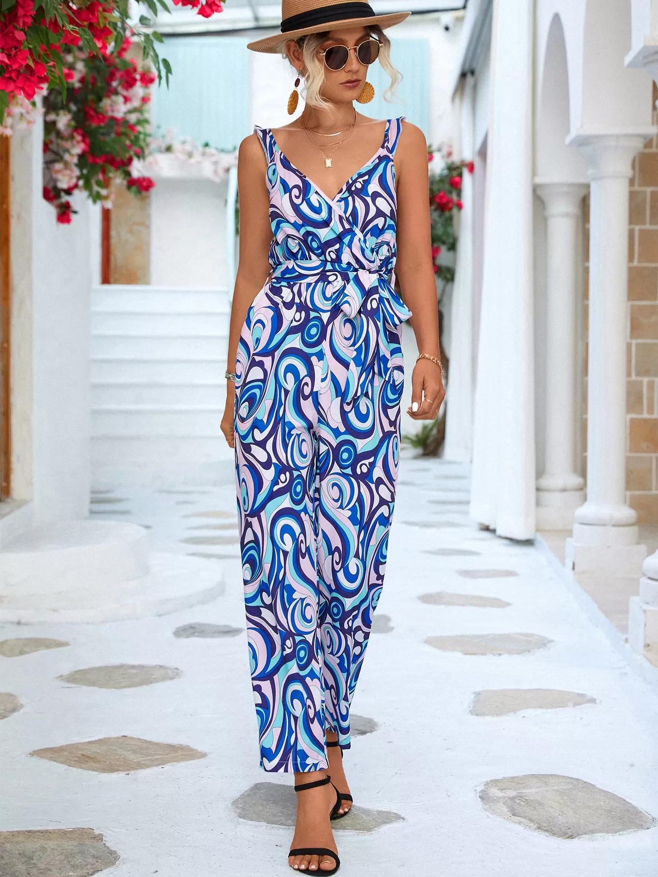 Abstract Print Tied  Sleeveless Jumpsuit