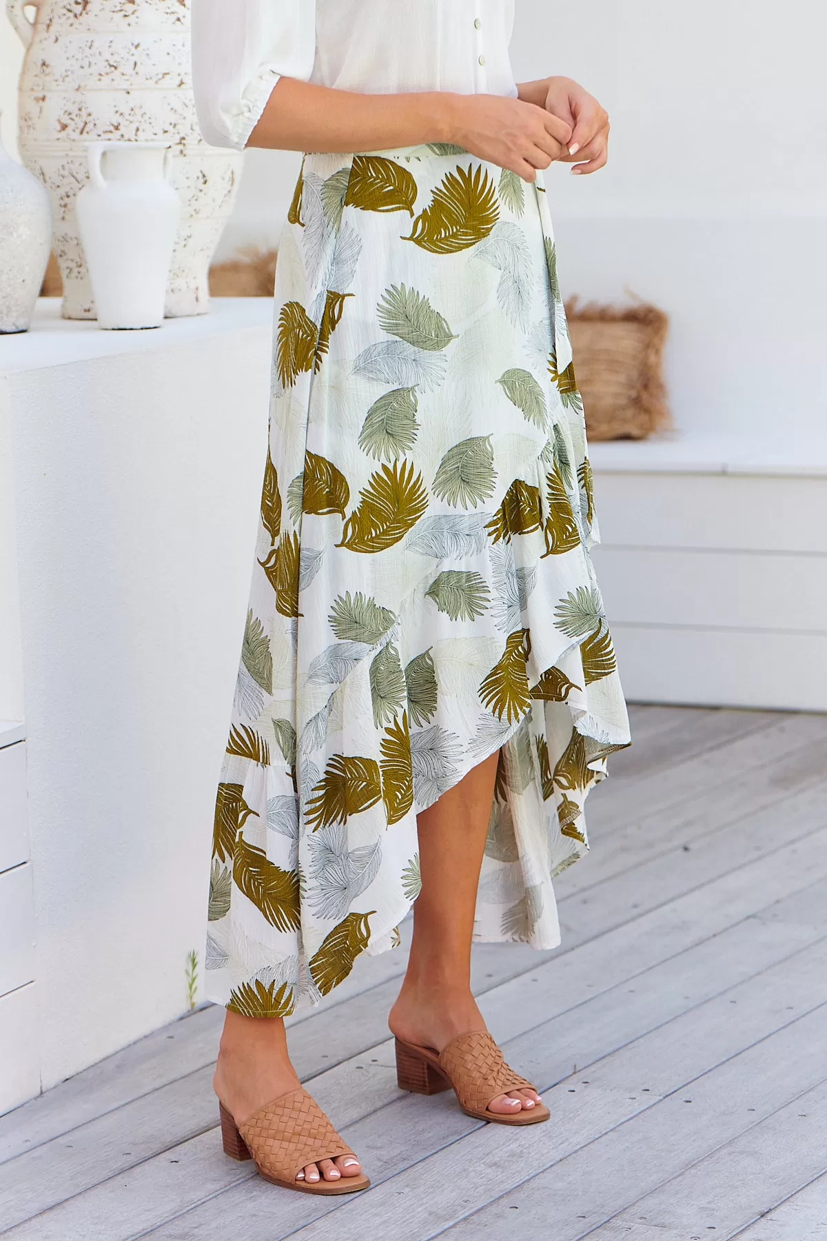 Acacia White/Green Leaf Print Wrap Maxi Skirt