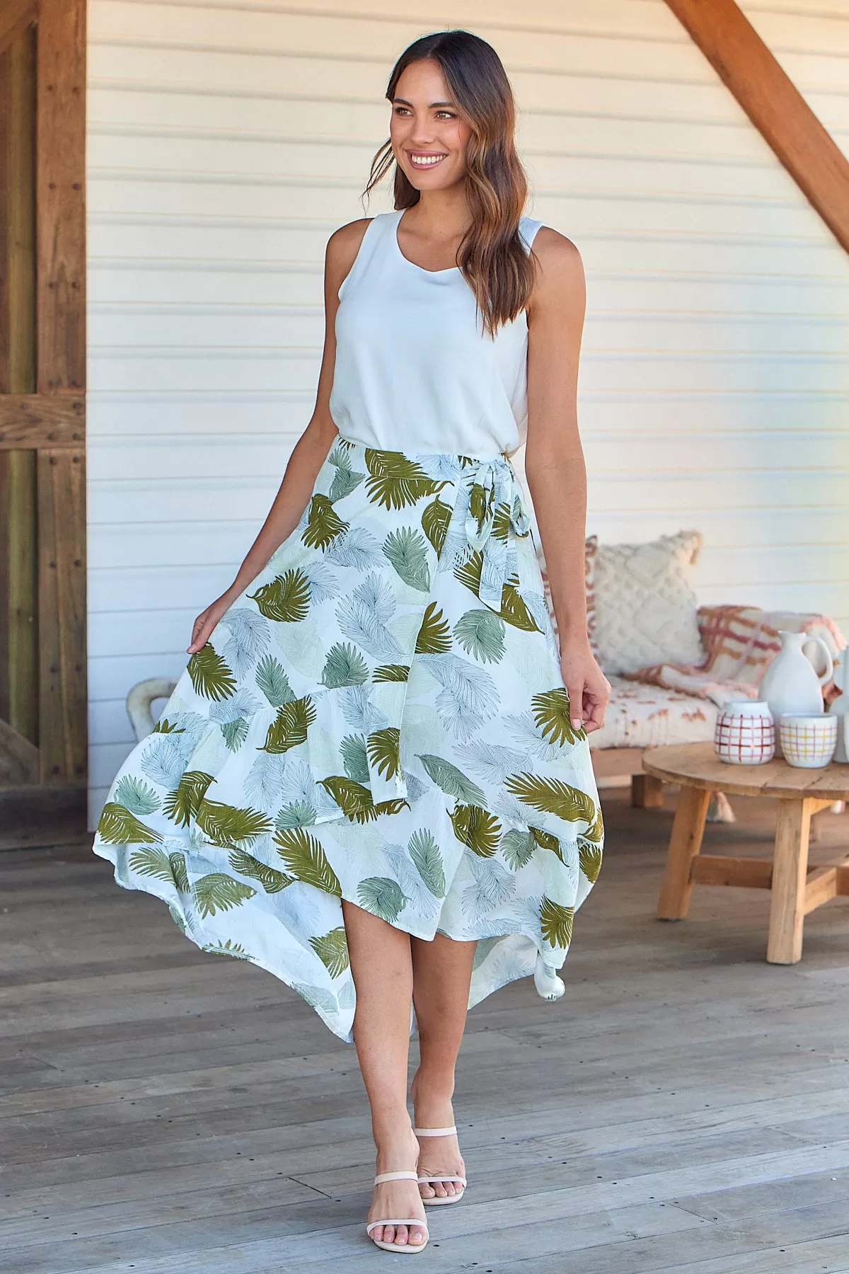 Acacia White/Green Leaf Print Wrap Maxi Skirt