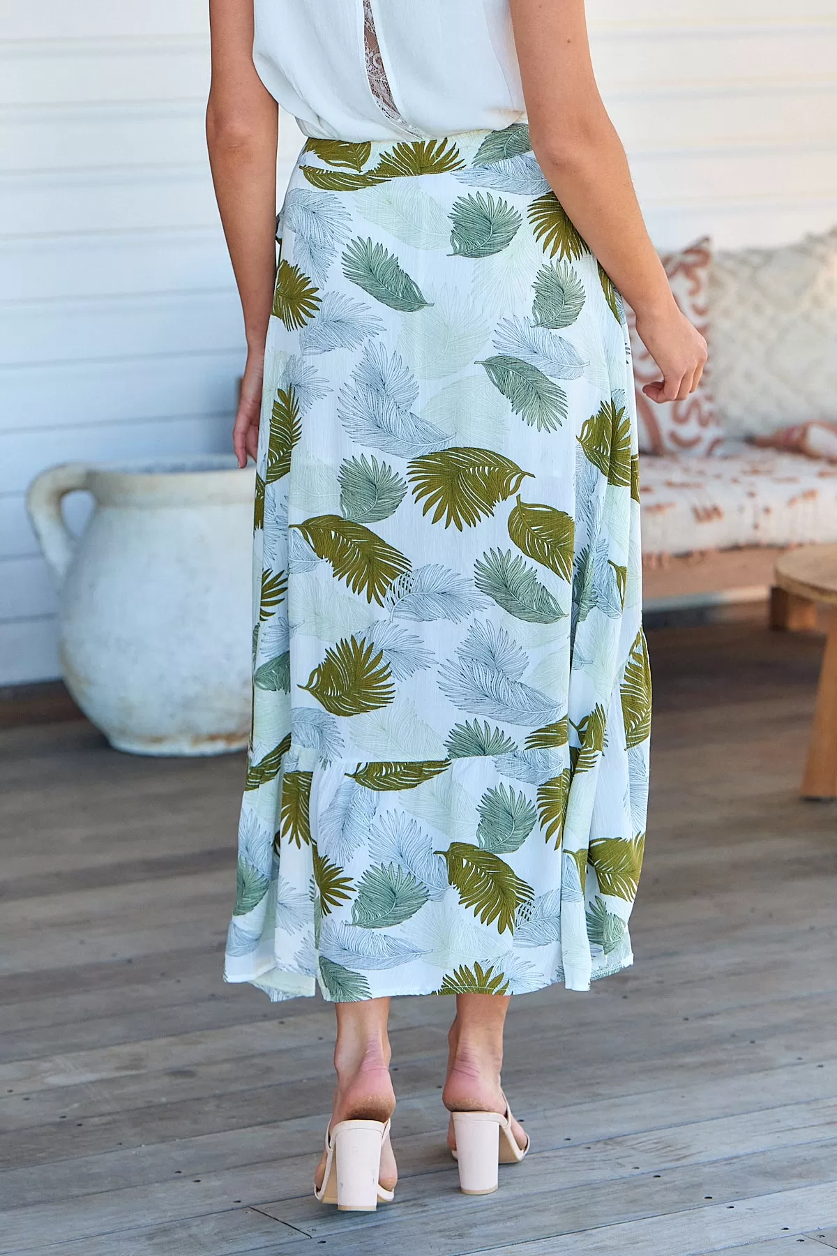 Acacia White/Green Leaf Print Wrap Maxi Skirt