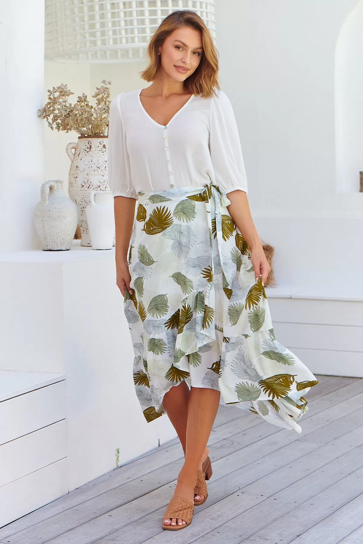 Acacia White/Green Leaf Print Wrap Maxi Skirt