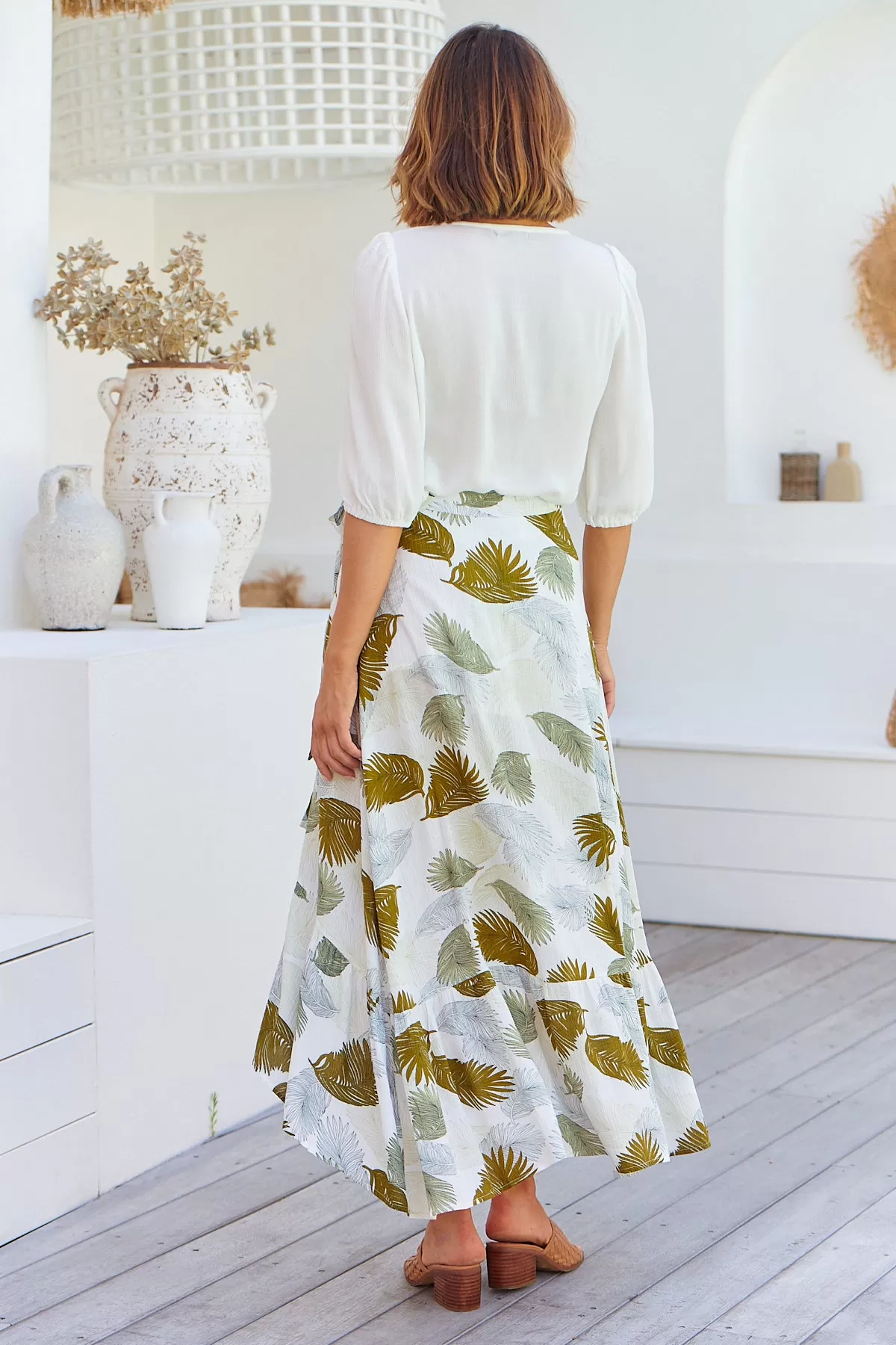 Acacia White/Green Leaf Print Wrap Maxi Skirt