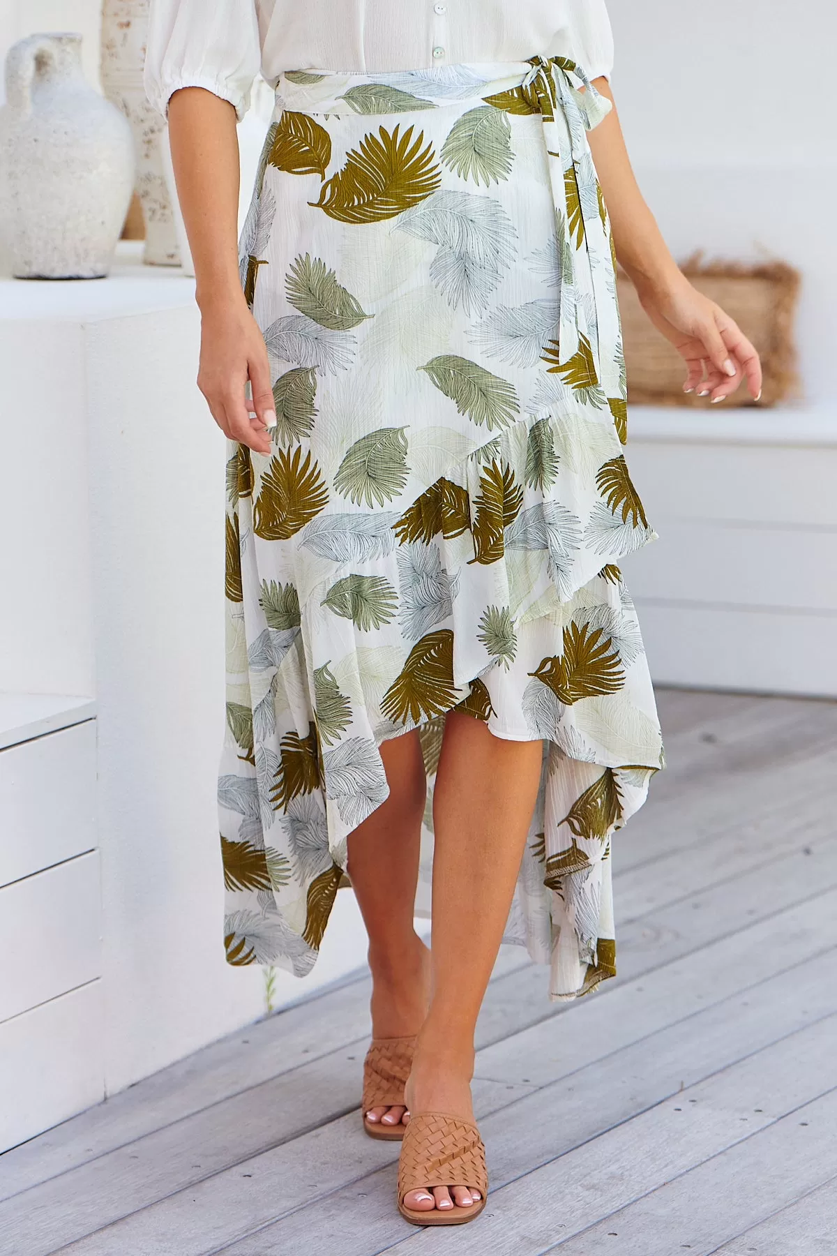 Acacia White/Green Leaf Print Wrap Maxi Skirt