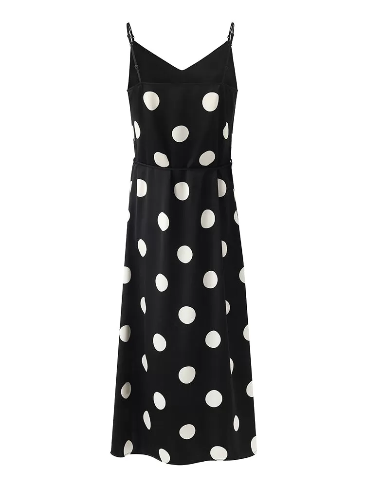 Acetate Polka Dots Printed Spaghetti Strap Women Midi Dress With Rose Belt