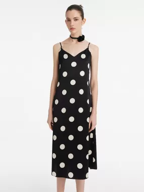 Acetate Polka Dots Printed Spaghetti Strap Women Midi Dress With Rose Belt