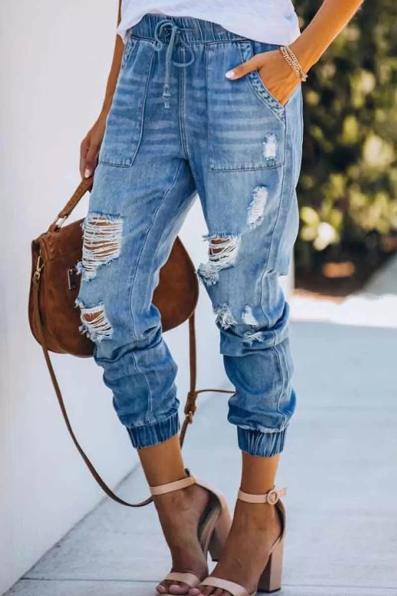 Adjustable Waist Ripped Loose Jeans