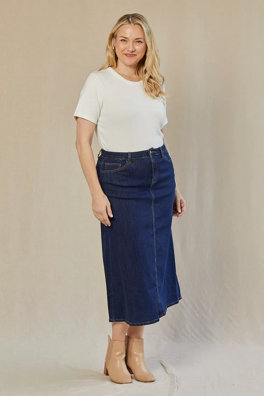 Adrift Denim A-Line Skirt in Mid Wash