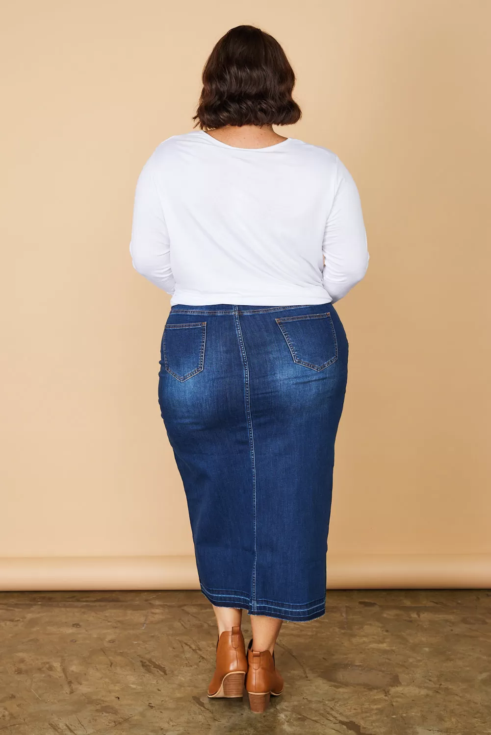 Adrift Denim Long Split Skirt in Mid Wash