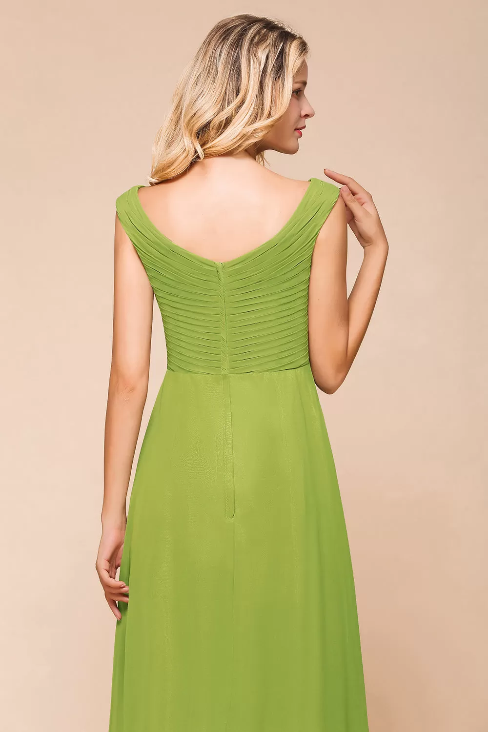 Affordable Green A-line V-neck Chiffon Long Bridesmaid Dress