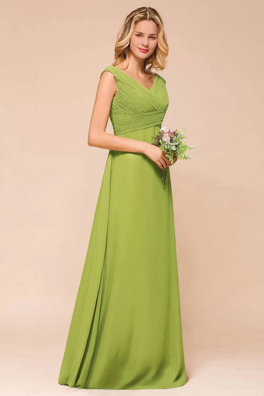 Affordable Green A-line V-neck Chiffon Long Bridesmaid Dress