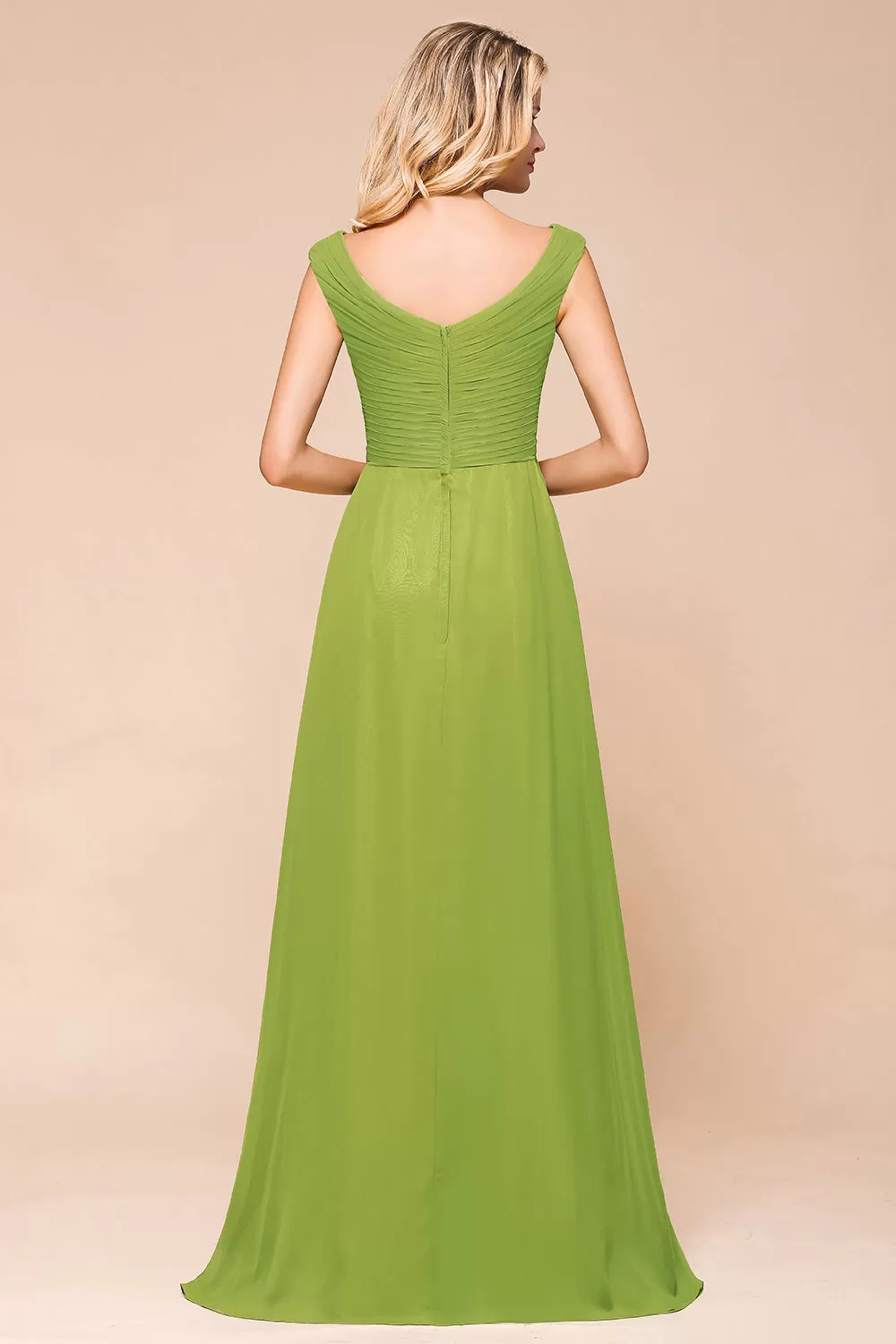 Affordable Green A-line V-neck Chiffon Long Bridesmaid Dress