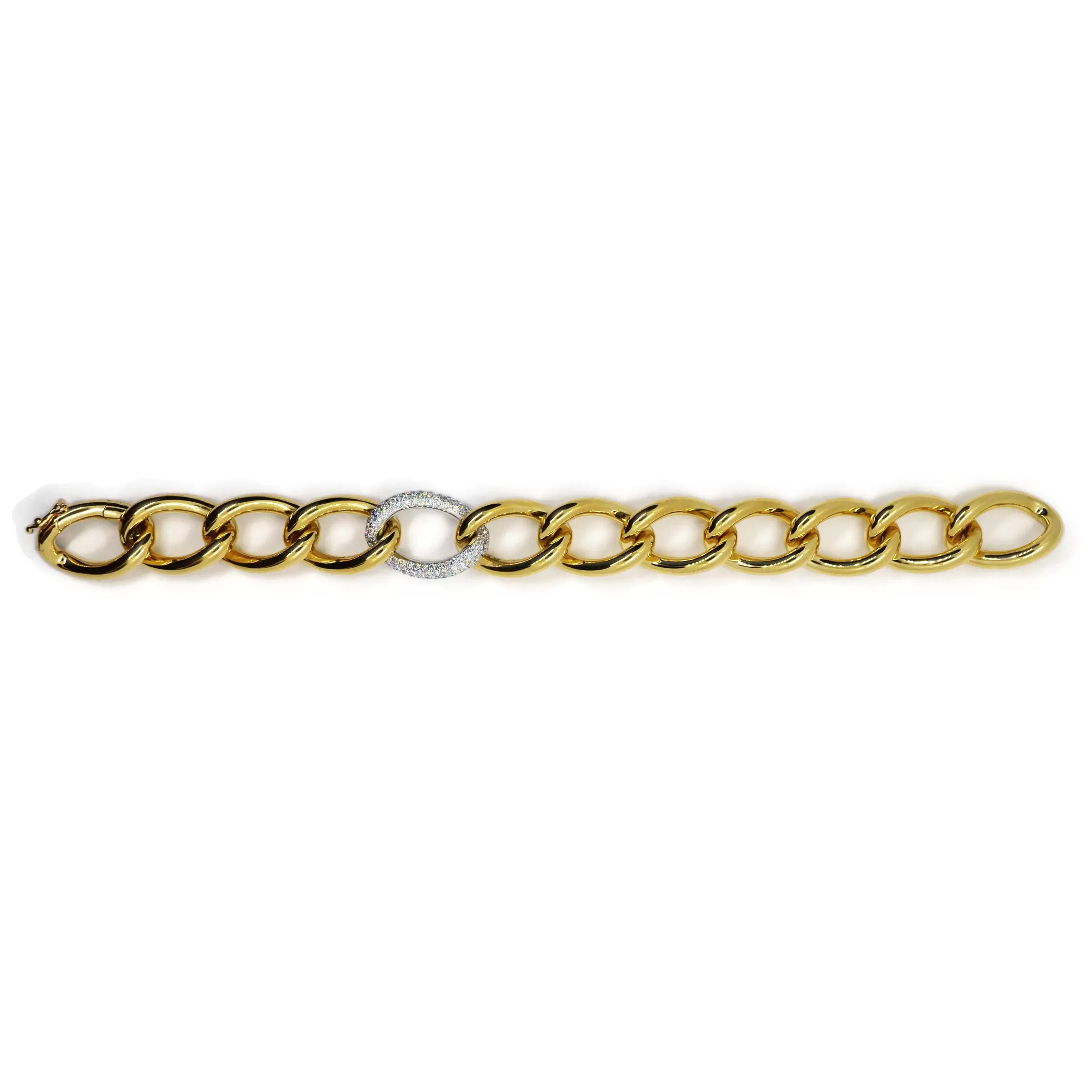 AFJ Gold Collection - Classic Open Gourmette Link Bracelet with one Diamonds Element, 18k Yellow and White Gold