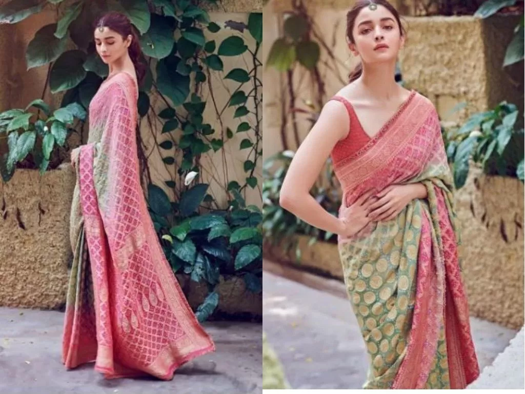 Alia Bhatt(Celeb Inspired) Pink-Green Banarasi Bandhej Saree