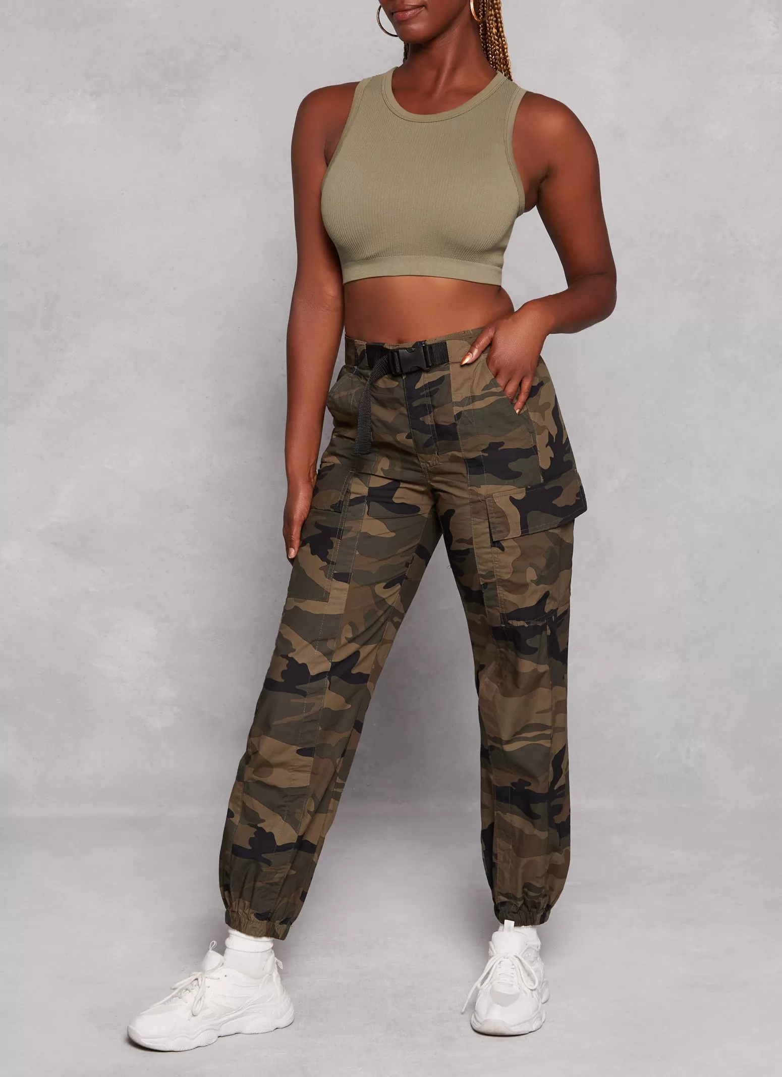 Almost Famous Camo Buckle Waist Cargo Pants