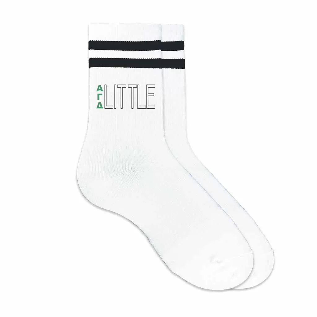 Alpha Gamma Delta Sorority Socks for your Big and Little with Greek Letters on Striped Cotton Crew Socks