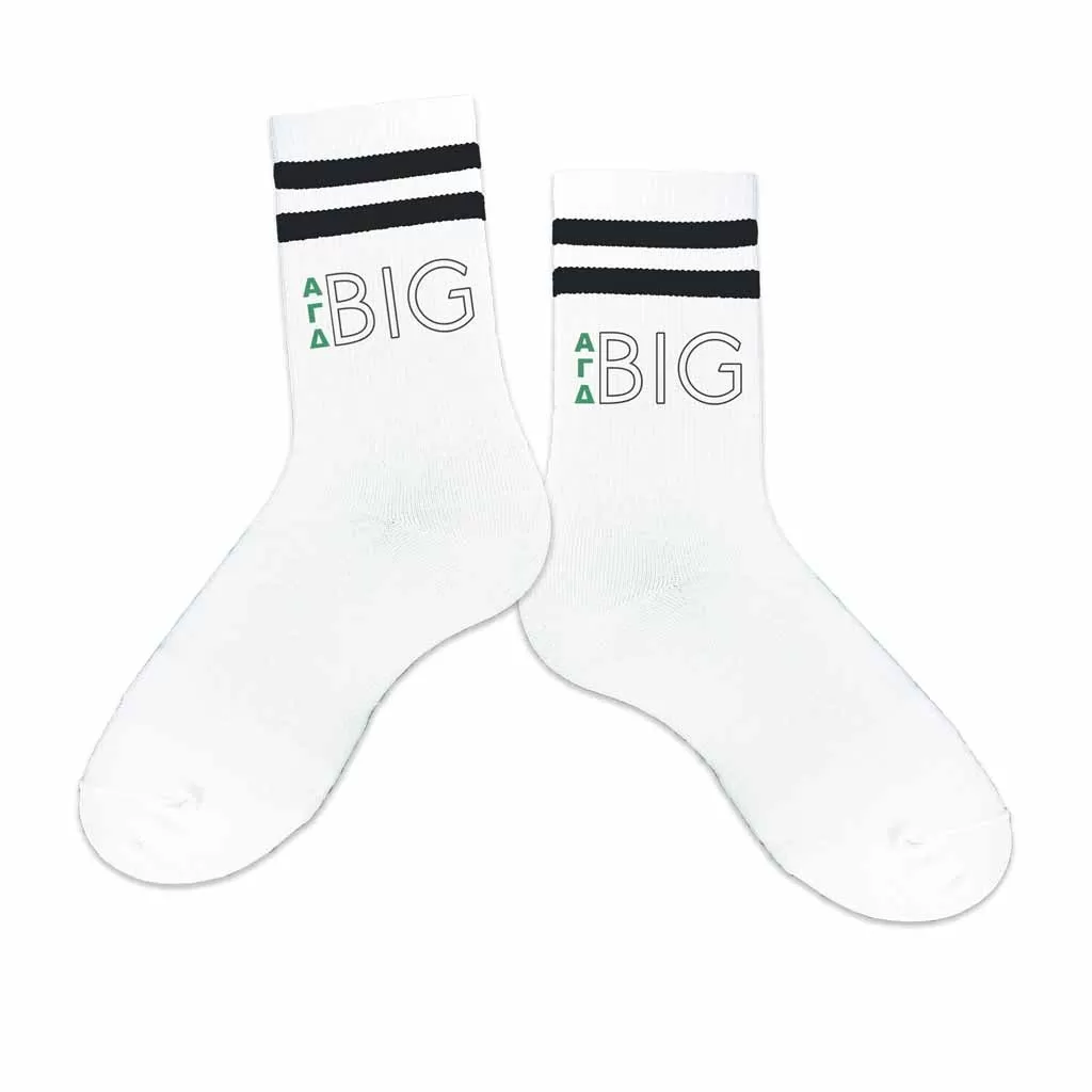 Alpha Gamma Delta Sorority Socks for your Big and Little with Greek Letters on Striped Cotton Crew Socks