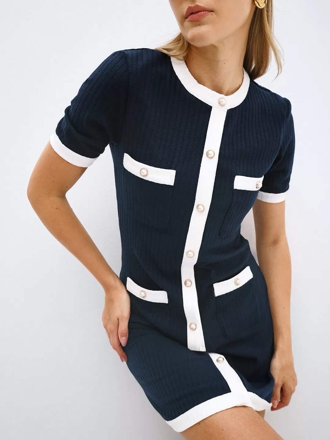 Amalia Timeless Button Through Day Dress | Navy/White