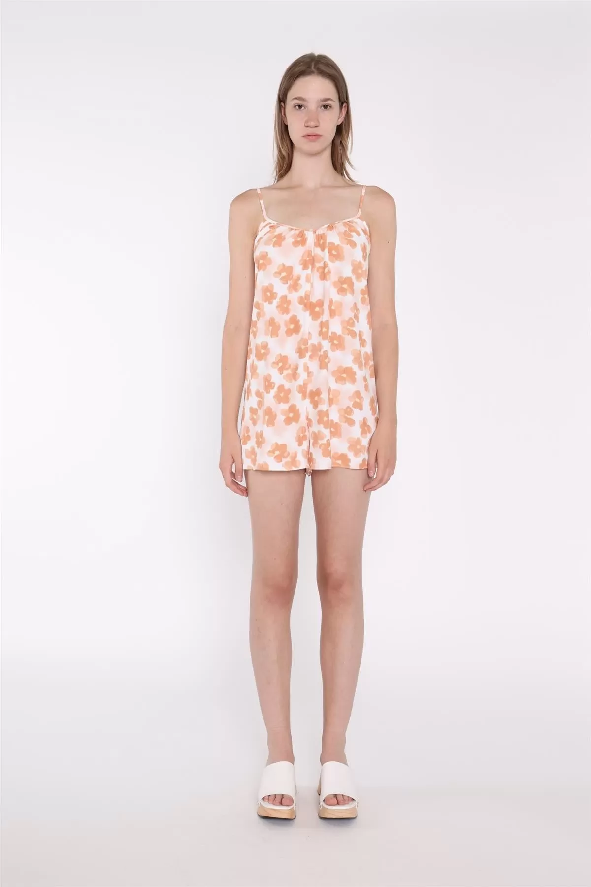 Apricot Blurred-Flower Strappy Loose-Fit-Playsuit