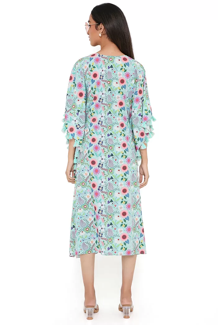 Aqua Spring Floral Garden Print Art Crepe Kaftan