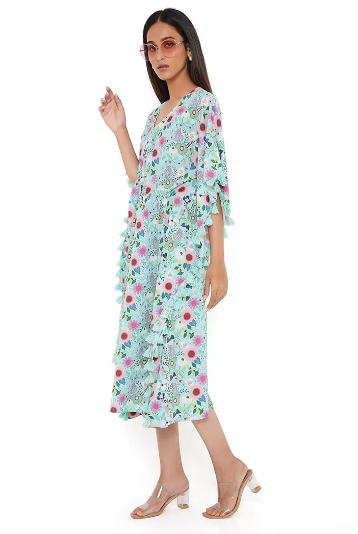 Aqua Spring Floral Garden Print Art Crepe Kaftan