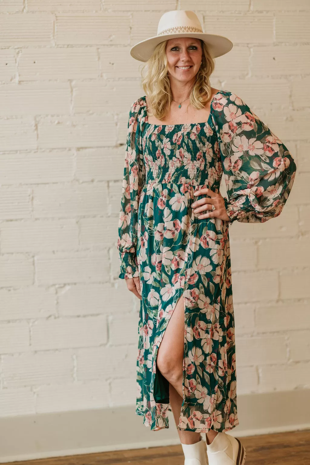 AUDRA HUNTER GREEN FLORAL LONG SLEEVE MAXI DRESS