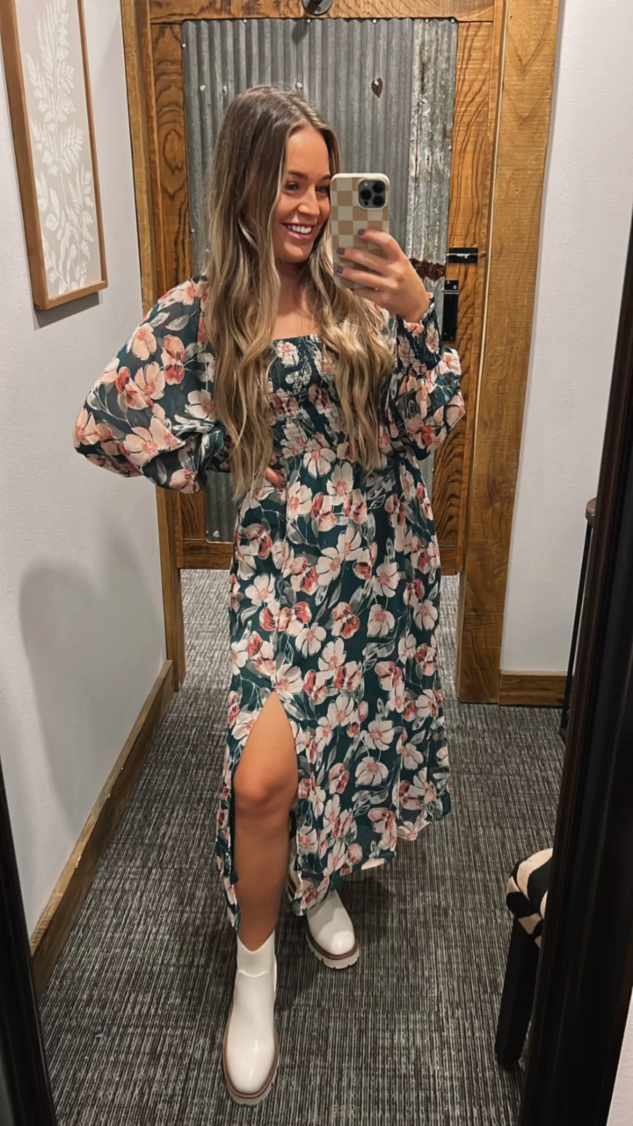 AUDRA HUNTER GREEN FLORAL LONG SLEEVE MAXI DRESS