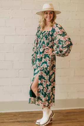 AUDRA HUNTER GREEN FLORAL LONG SLEEVE MAXI DRESS