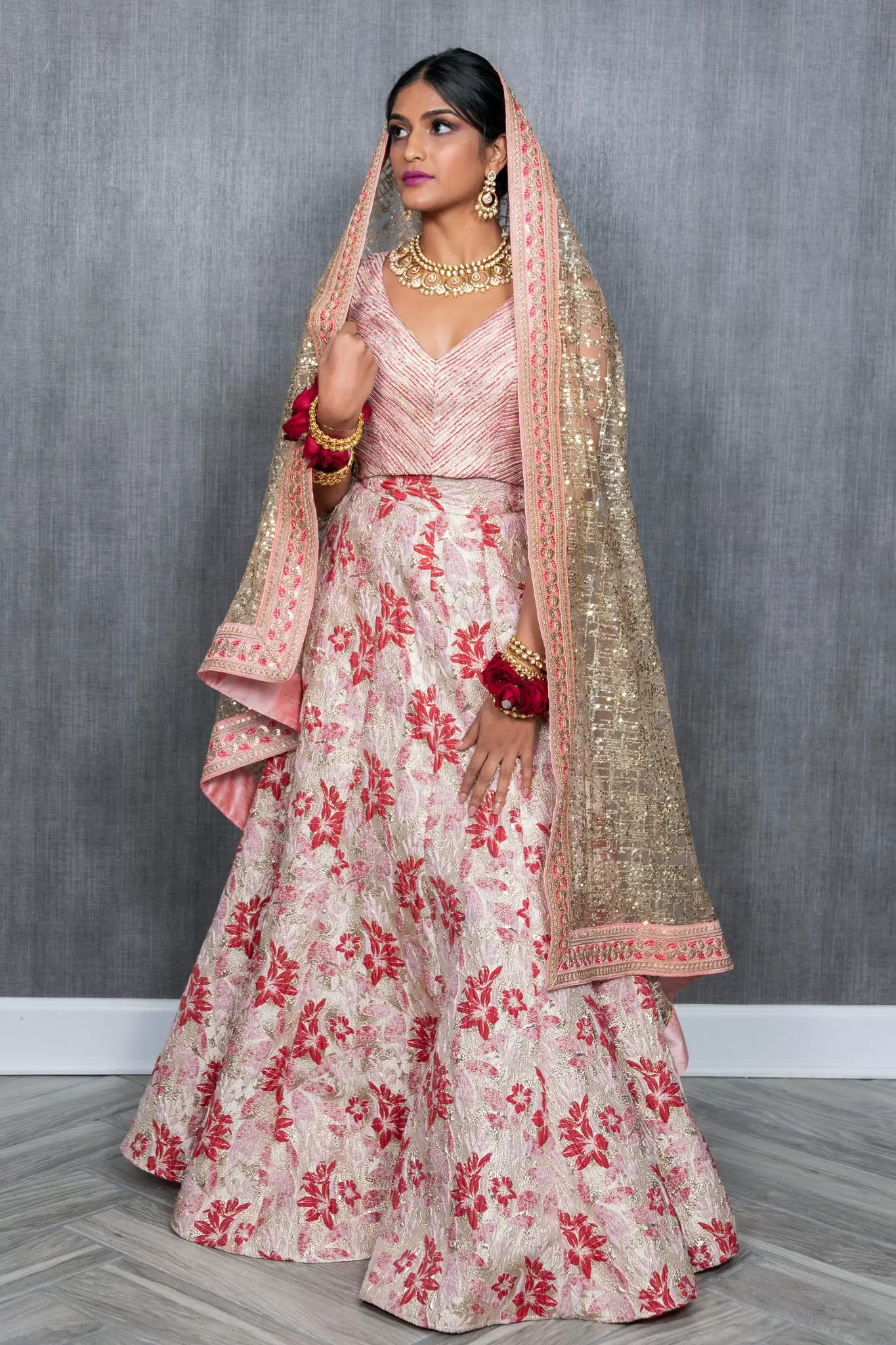 AVNI Red and Pink Floral Jacquard Lehenga Skirt