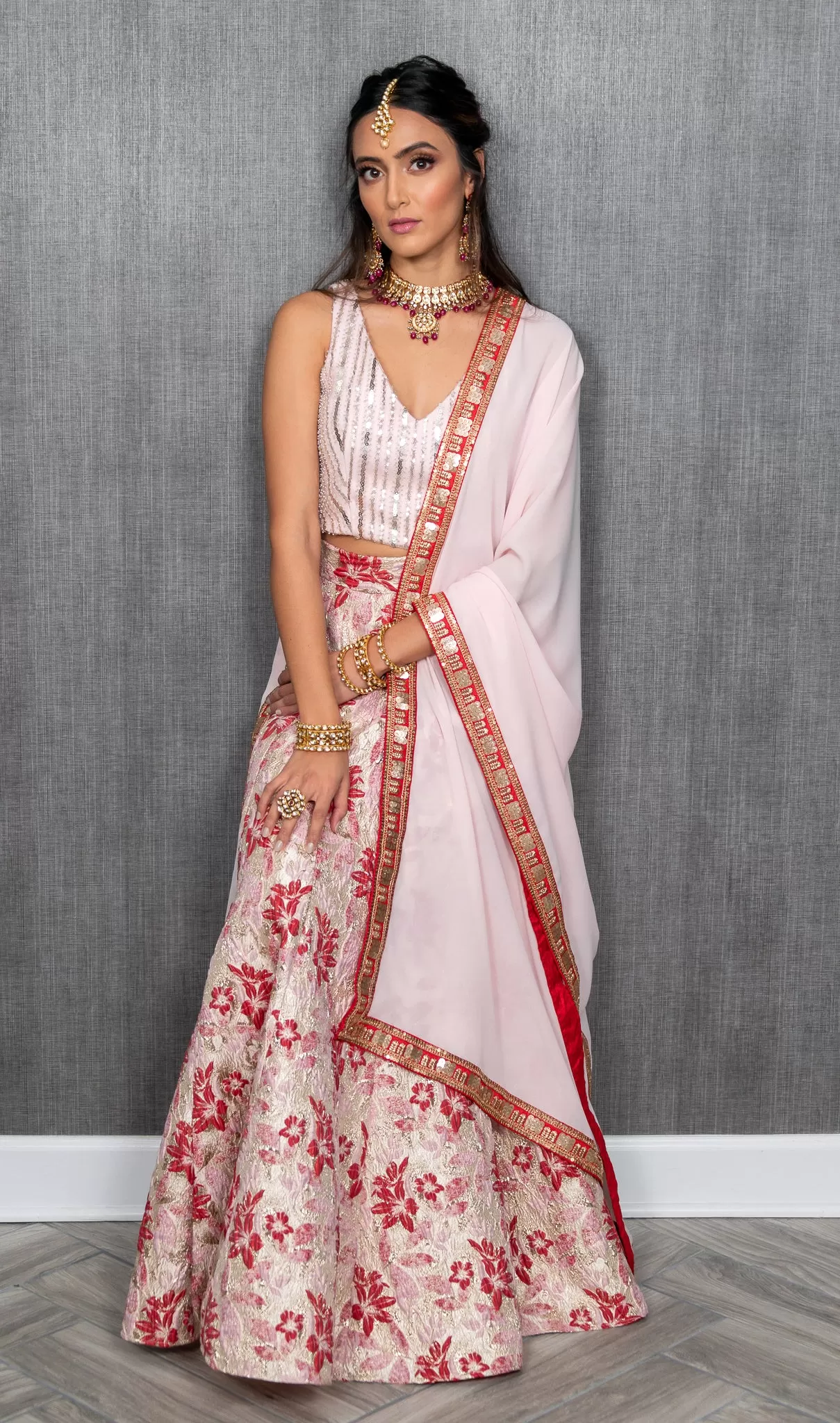 AVNI Red and Pink Floral Jacquard Lehenga Skirt