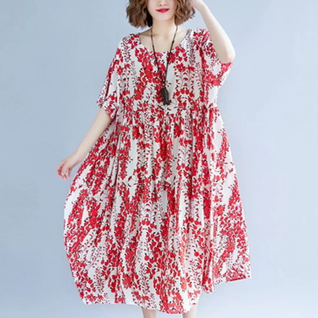 Babakud Crew Neck Floral Casual Loose Gathered Summer Dress