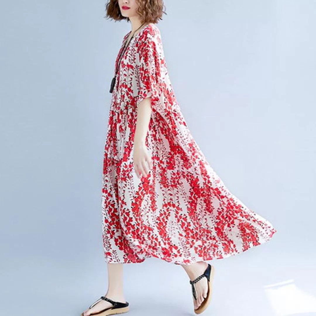 Babakud Crew Neck Floral Casual Loose Gathered Summer Dress