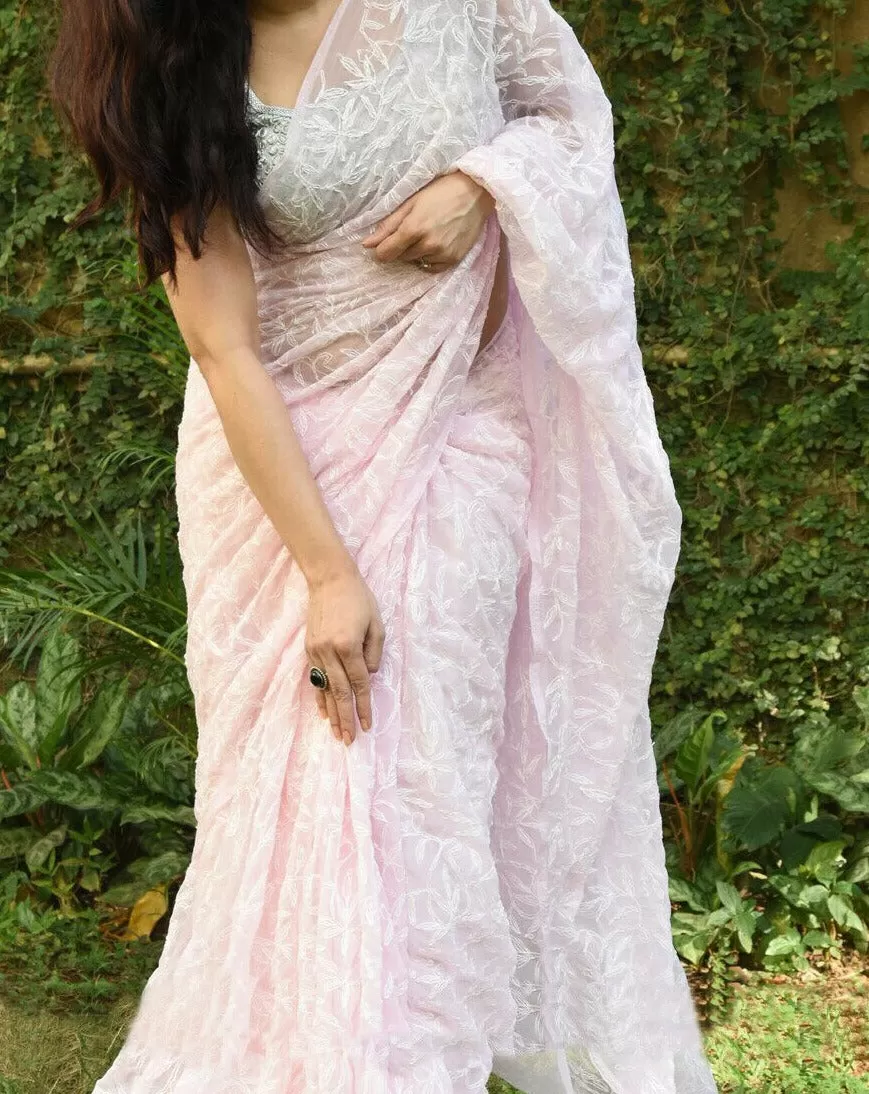 Baby Pink Lucknowi Saree In Tepchi Work