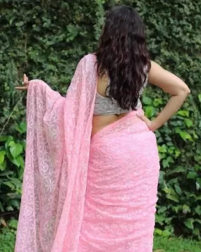 Babypink Lucknowi Tepechi Work Saree