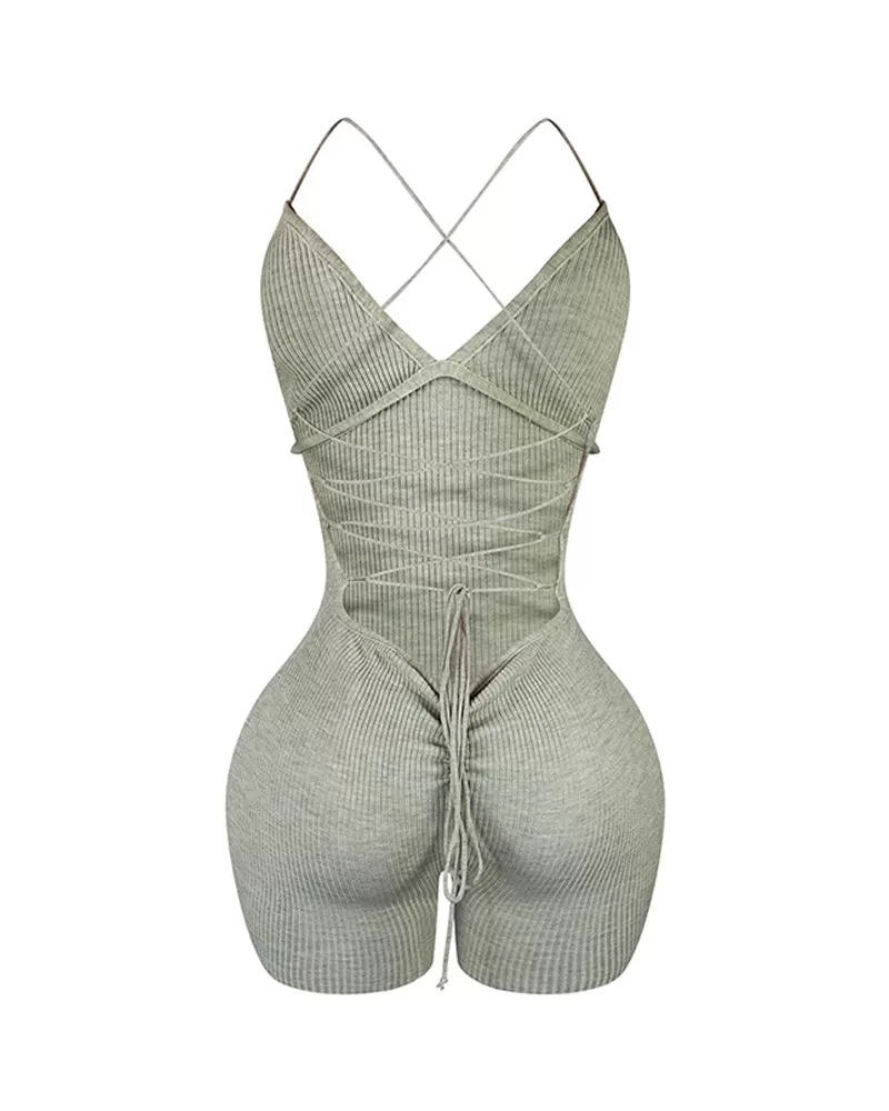 Backless Lace up Ruched Ribbed Romper