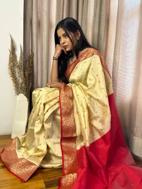 Banarasi Silk Saree In Cream & Red