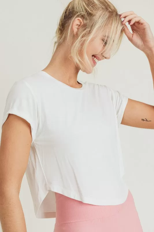 Basic Crop Top with Roll-Up Sleeves-White