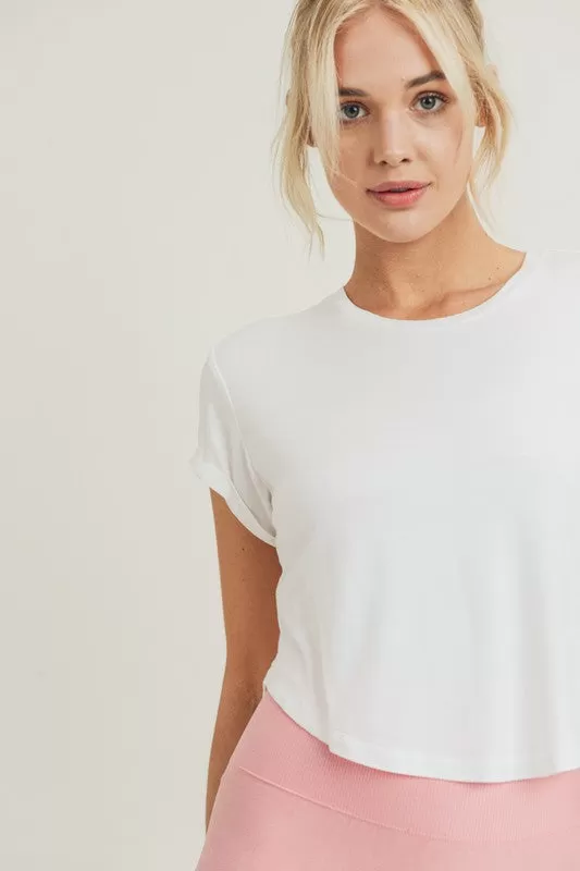 Basic Crop Top with Roll-Up Sleeves-White