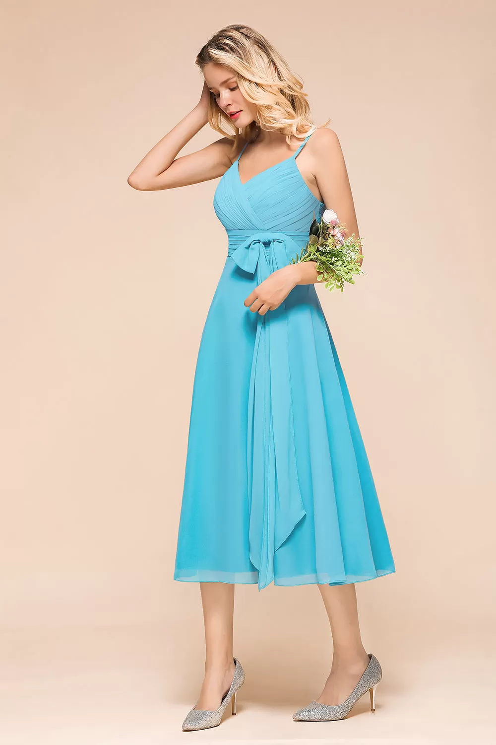 Beautiful Sky Blue Short A-line Spaghetti Straps Chiffon Bridesmaid Dress