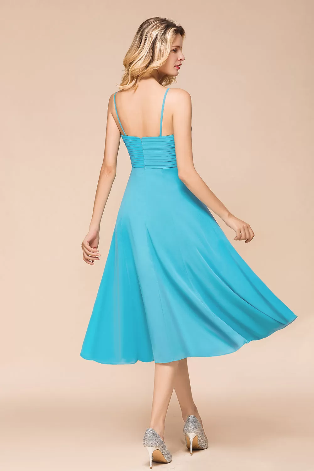 Beautiful Sky Blue Short A-line Spaghetti Straps Chiffon Bridesmaid Dress