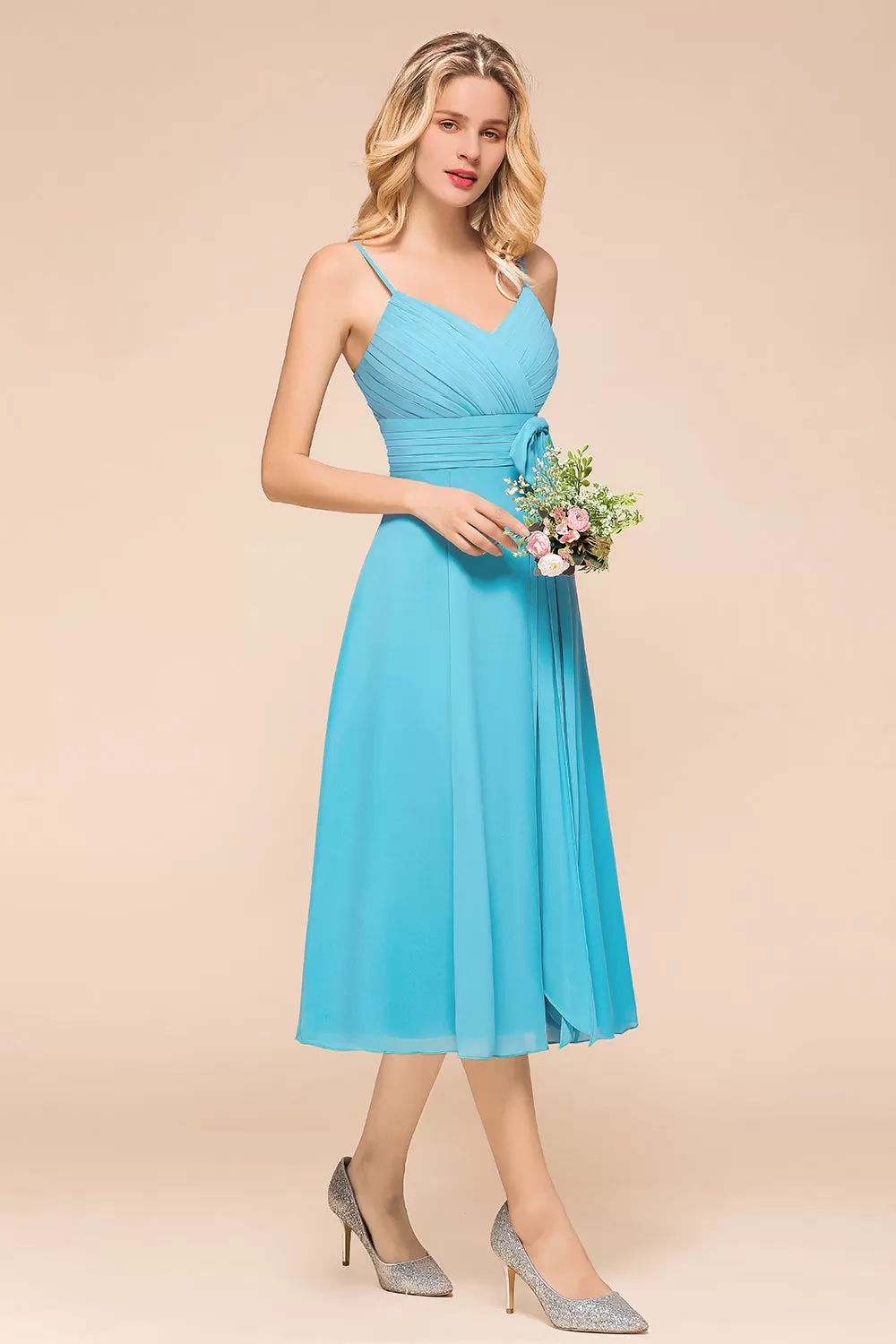 Beautiful Sky Blue Short A-line Spaghetti Straps Chiffon Bridesmaid Dress