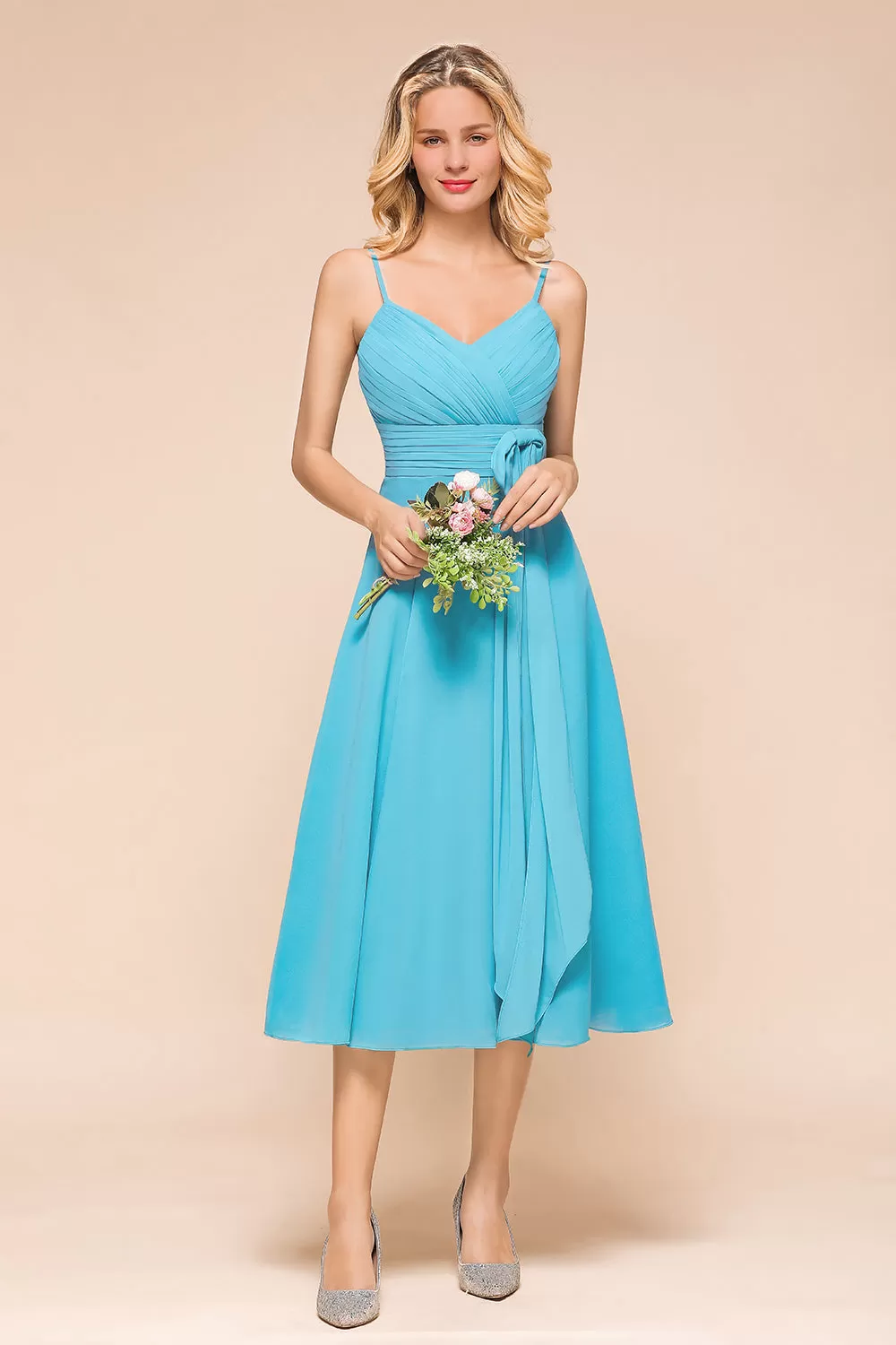 Beautiful Sky Blue Short A-line Spaghetti Straps Chiffon Bridesmaid Dress