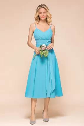 Beautiful Sky Blue Short A-line Spaghetti Straps Chiffon Bridesmaid Dress