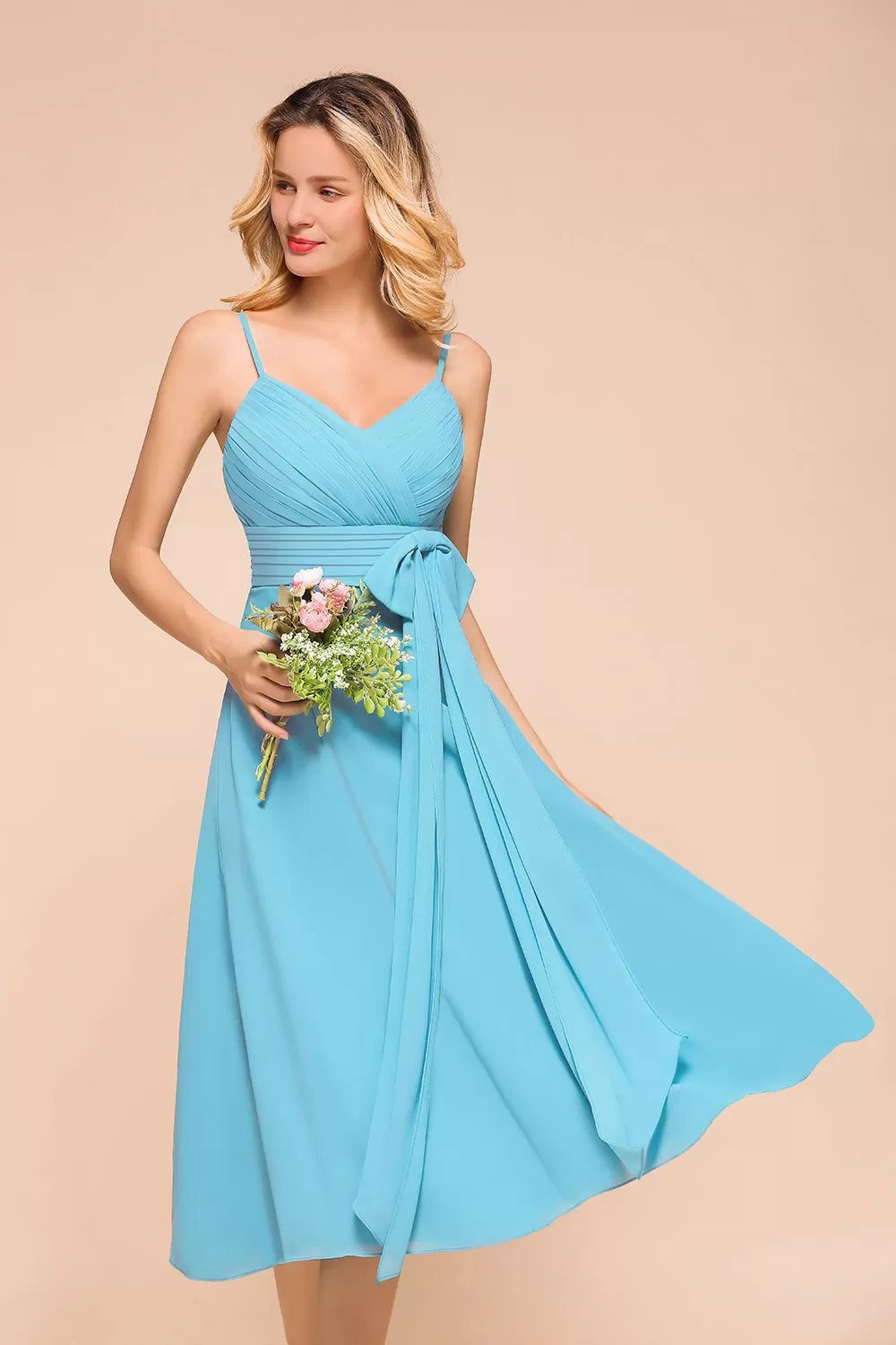 Beautiful Sky Blue Short A-line Spaghetti Straps Chiffon Bridesmaid Dress