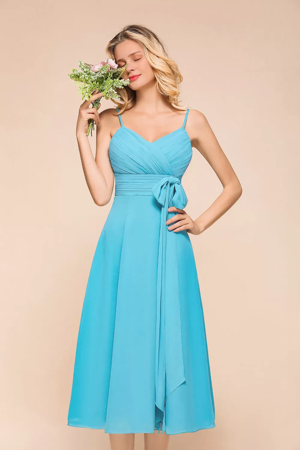 Beautiful Sky Blue Short A-line Spaghetti Straps Chiffon Bridesmaid Dress