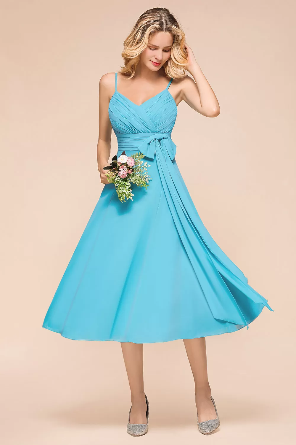 Beautiful Sky Blue Short A-line Spaghetti Straps Chiffon Bridesmaid Dress